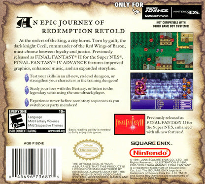 Final Fantasy IV Advance cartridge for the Game Boy Advance featuring classic turn based RPG gameplay with an epic story memorable characters and enhanced content from the original Final Fantasy IV adventure back cover art