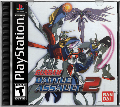 Cover art for Gundam Battle Assault 2 PlayStation 1 game featuring fast-paced 2D fighting action with classic Mobile Suit Gundam characters 