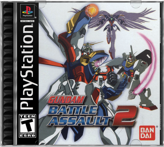 Cover art for Gundam Battle Assault 2 PlayStation 1 game featuring fast-paced 2D fighting action with classic Mobile Suit Gundam characters 