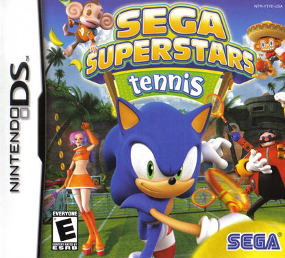 Sega Superstars Tennis Nintendo DS video game featuring arcade style tennis gameplay iconic Sega characters multiplayer modes mini games and family friendly sports action on handheld console cover art
