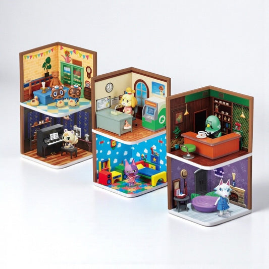 Happy Room Re‑Ment Animal Crossing miniature set featuring detailed Animal Crossing characters and furniture arranged in cozy room‑themed diorama scenes ideal for collectors and display enthusiasts 