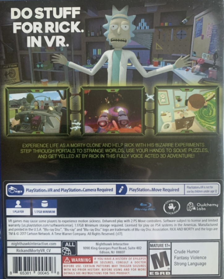 Rick and Morty: Virtual Rick-ality – PlayStation 4 (PS4) video game back of case, virtual reality action-adventure