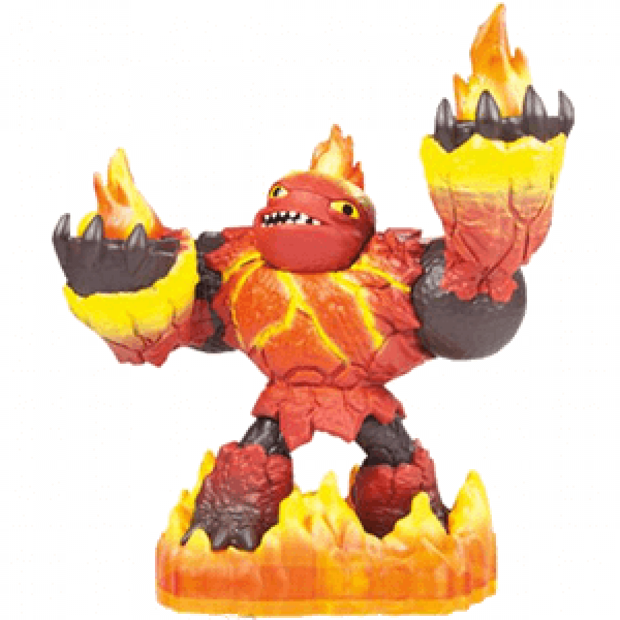 Hot Head Skylanders Giants figure, flaming lava giant character with molten rock body, bright orange fire hair and beard, holding detachable magma cannon arm, detailed collectible toy from Skylanders Giants game series on portal base