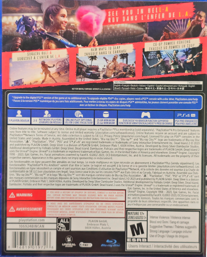 Dead Island 2 PlayStation 4 PS4 for action horror video game fans featuring zombie survival gameplay intense melee combat open world exploration weapon crafting gruesome undead battles character abilities chaotic California setting dark humor and cinematic adventure collectible gaming appeal back cover art