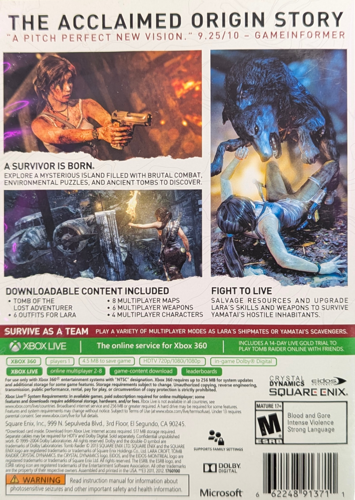 Tomb Raider Game of the Year Edition Xbox 360 action-adventure reboot origin story Lara Croft survival island Yamatai exploration puzzle-solving combat bow and arrows climbing tombs scavenging animal hunting character progression RPG elements upgrade system story-driven third-person perspective hub areas all downloadable content included complete experience back cover