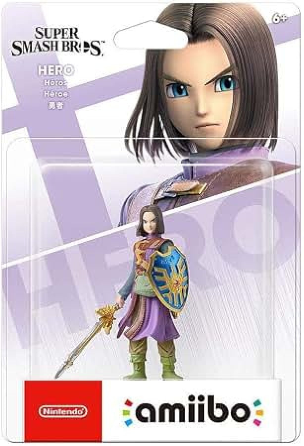 Hero Amiibo Super Smash Bros Nintendo Amiibo sealed collectible figure featuring Hero from Dragon Quest detailed character design Super Smash Bros styling NFC functionality compatible Nintendo games sealed packaging Amiibo collection display collectible and gaming accessory appeal