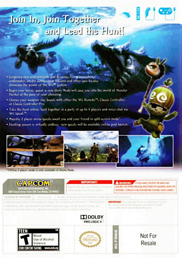 Monster Hunter Tri title screen for Nintendo Wii (Wii) video game back of case
