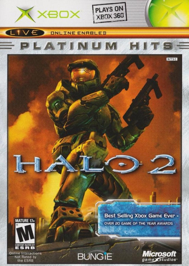Halo 2 Platinum Hits Xbox inspired design featuring legendary sci fi first person shooter aesthetic Master Chief interstellar warfare futuristic alien battles iconic multiplayer action cinematic campaign gameplay classic Xbox gaming nostalgia presentation front cover