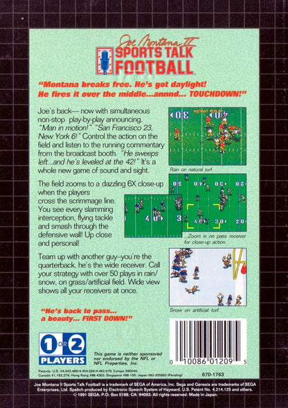 Joe Montana II Sports Talk Football back cover art for Sega Genesis (GEN) video game
