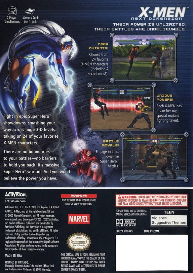 X-Men Next Dimension Nintendo GameCube GC fighting video game featuring Wolverine Cyclops Storm Magneto and other X-Men characters intense 3D arena battles superpowers special attacks team-based combat multiple game modes and classic Nintendo GameCube GC gameplay collectible retro gaming appeal back cover art