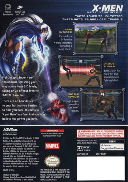 X-Men Next Dimension Nintendo GameCube GC fighting video game featuring Wolverine Cyclops Storm Magneto and other X-Men characters intense 3D arena battles superpowers special attacks team-based combat multiple game modes and classic Nintendo GameCube GC gameplay collectible retro gaming appeal back cover art