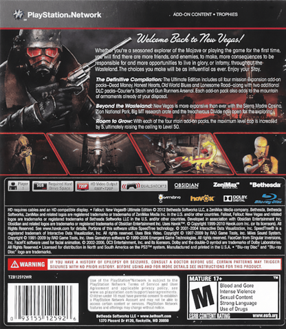Fallout: New Vegas back cover art for PlayStation 3 (PS3) video game