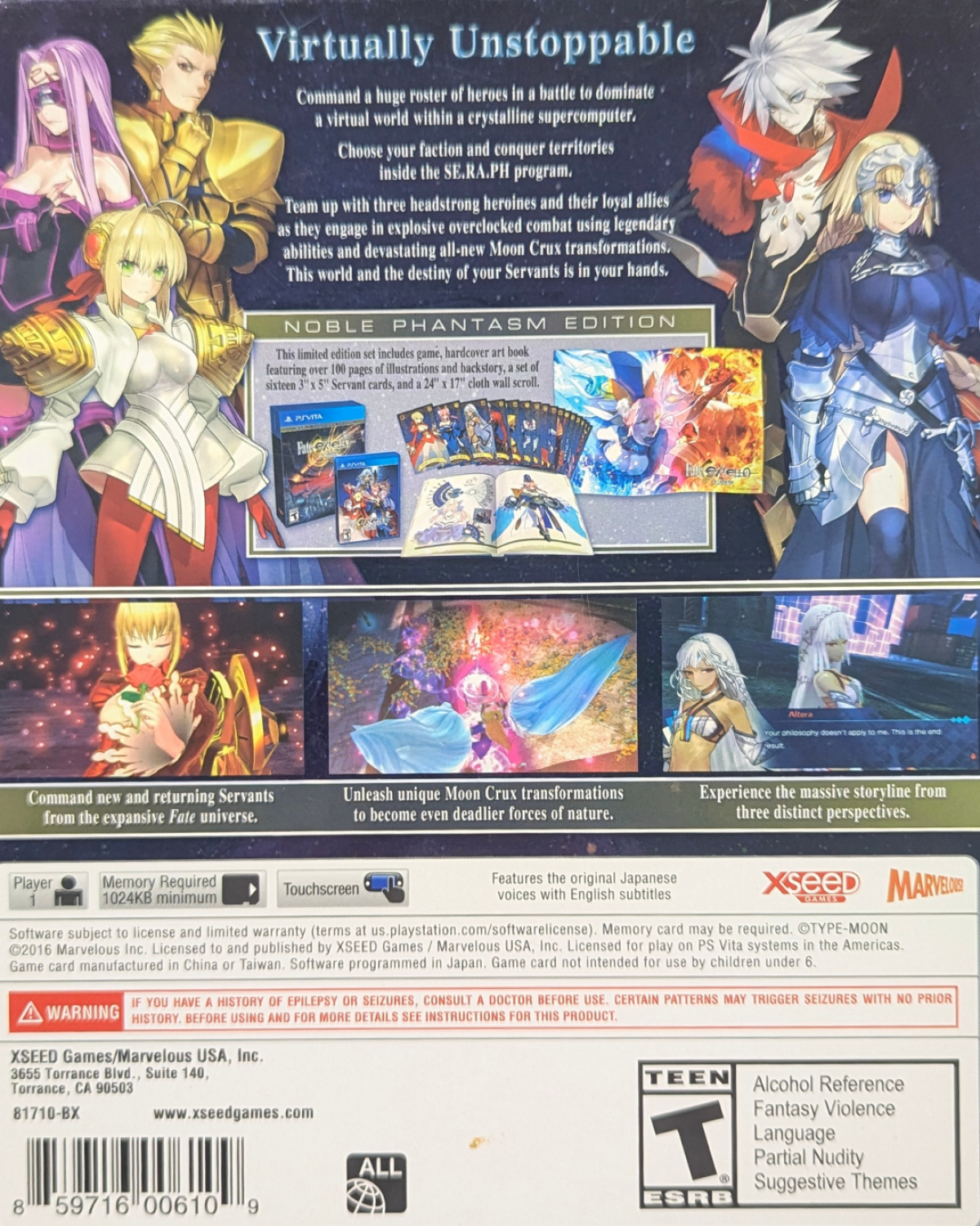 Fate/EXTELLA The Umbral Star Noble Phantasm Edition CIB PlayStation Vita video game, action RPG, musou-style combat, Fate series collector’s edition, handheld console title back cover