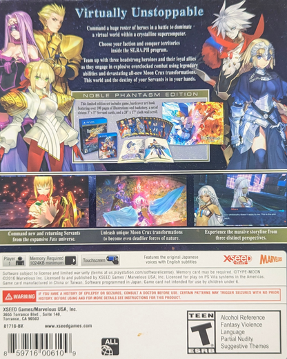 Fate/EXTELLA The Umbral Star Noble Phantasm Edition CIB PlayStation Vita video game, action RPG, musou-style combat, Fate series collector’s edition, handheld console title back cover