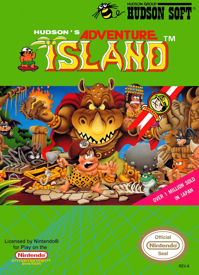 Adventure Island Nintendo Entertainment System NES video game featuring side scrolling platforming gameplay tropical island exploration obstacle courses enemy encounters fruit collecting power ups and classic 8 bit action retro video game collection collectible gaming appeal cover art 