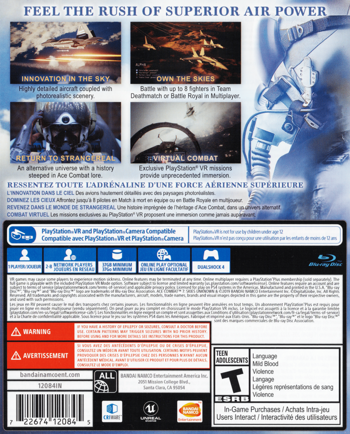 Ace Combat 7 Skies Unknown PS4 Sony PlayStation 4 flight combat simulator jet fighter aerial dogfights realistic aircraft missions story campaign Bandai Namco arcade flight gameplay VR support PlayStation 4 software video game title gameplay rear cover art 