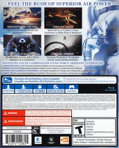Ace Combat 7 Skies Unknown PS4 Sony PlayStation 4 flight combat simulator jet fighter aerial dogfights realistic aircraft missions story campaign Bandai Namco arcade flight gameplay VR support PlayStation 4 software video game title gameplay rear cover art 