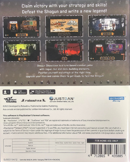 Shogun Showdown PlayStation 5 PS5 video game featuring turn based tactical combat roguelike gameplay samurai warriors Japanese inspired pixel art strategic positioning weapon upgrades enemy encounters challenging battles and classic PlayStation 5 indie gaming retro video game collection collectible gaming appeal back cover art