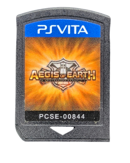 Aegis of Earth: Protonovus Assault cartridge art for PlayStation Vita video game, action strategy tower defense, sci-fi mech combat, handheld console title