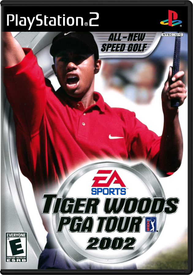 Tiger Woods PGA Tour 2002 – PlayStation 2 (PS2) video game cover image, golf sports simulation.