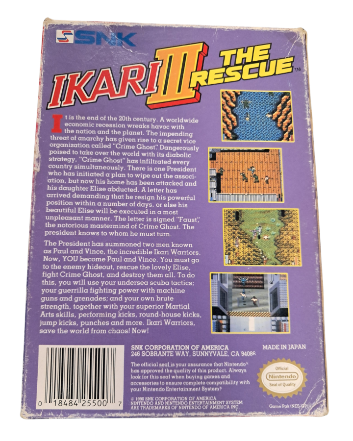 Ikari Warriors III The Rescue for Nintendo Entertainment System side scrolling action game featuring military combat cooperative gameplay weapon upgrades and arcade style missions back cover