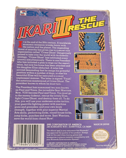 Ikari Warriors III The Rescue for Nintendo Entertainment System side scrolling action game featuring military combat cooperative gameplay weapon upgrades and arcade style missions back cover