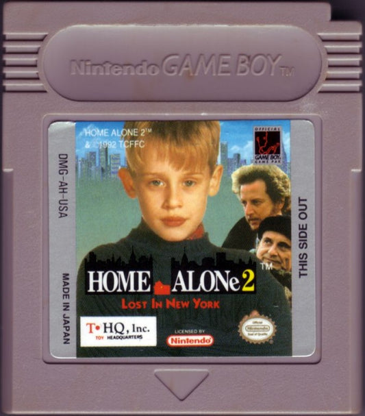 Home Alone 2 Lost in New York for Game Boy, cartridge for an action platformer video game with side-scrolling gameplay, trap-setting mechanics, enemy avoidance, and movie-inspired challenges