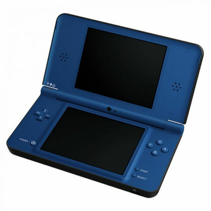 Blue Nintendo DSi XL handheld gaming system featuring a large dual screen design in blue with touch controls built in camera and compatibility with Nintendo DS games and downloadable titles