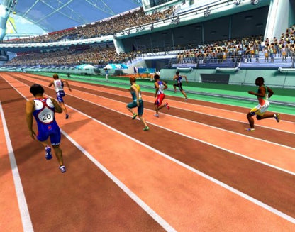 World Championship Athletics gameplay for Nintendo Wii (Wii) featuring track‑and‑field sports competition with sprinting, jumping, and throwing events, motion‑based controls, and international tournament gameplay.
