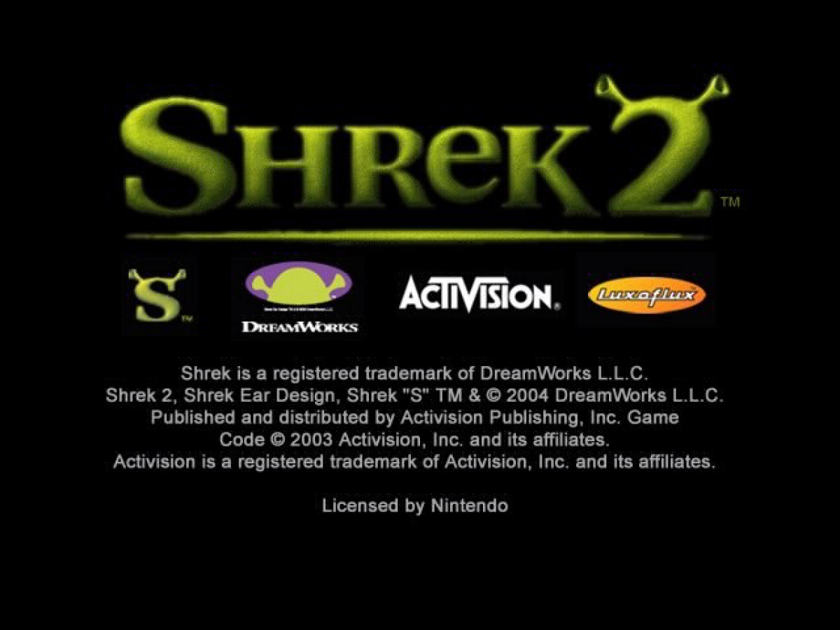 Title screen for Shrek 2 GameCube GC video game, action adventure platformer, movie tie-in, family-friendly gameplay, multiplayer, classic Nintendo GameCube title