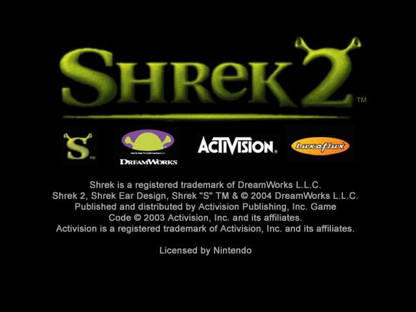 Title screen for Shrek 2 GameCube GC video game, action adventure platformer, movie tie-in, family-friendly gameplay, multiplayer, classic Nintendo GameCube title