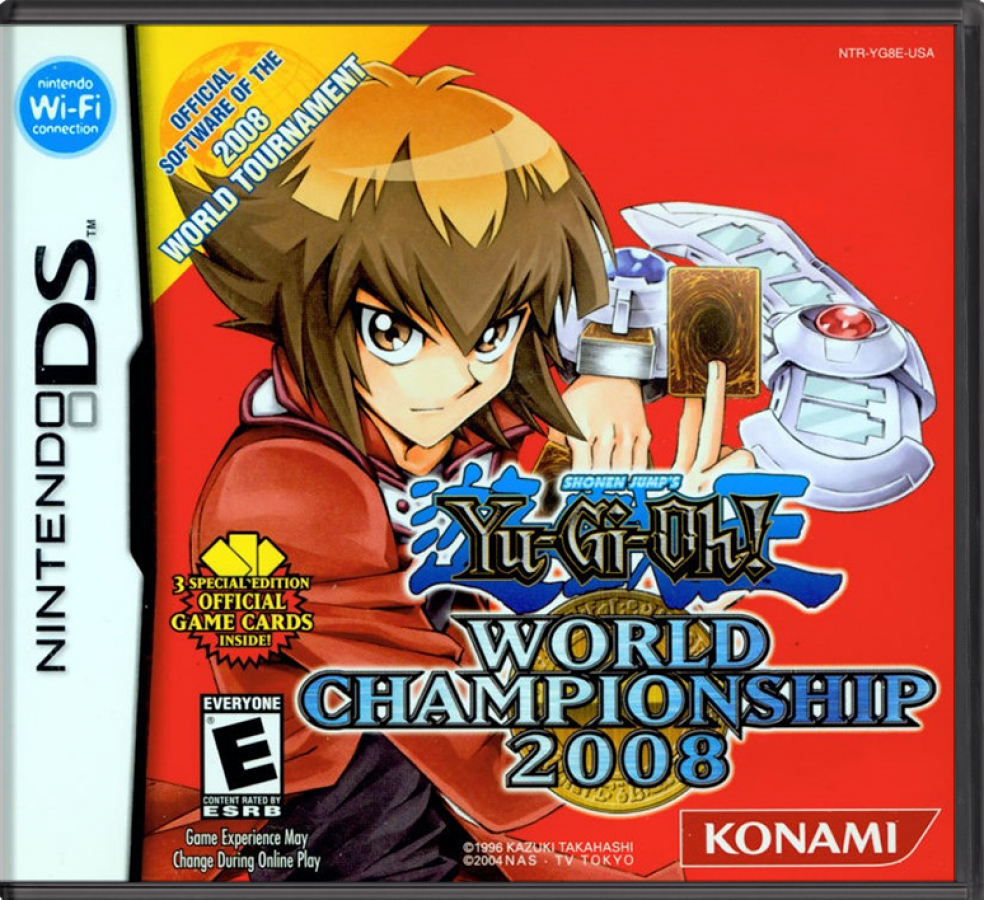 Yu-Gi-Oh! World Championship 2008 Nintendo DS video game featuring official 2008 TCG rule set strategic deck building over 2000 cards Wi-Fi online duels story mode campaign and competitive trading card battles cover art