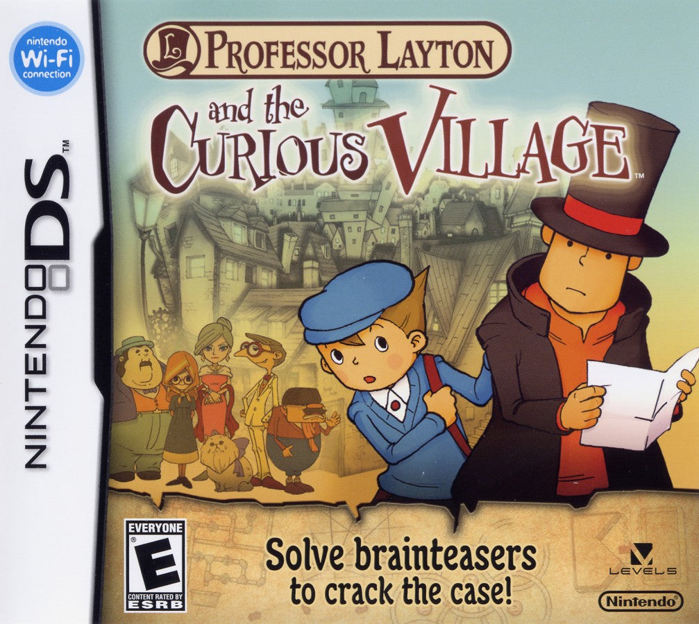Professor Layton and the Curious Village game for the Nintendo DS featuring puzzle adventure gameplay with brain teasers riddles and story driven exploration as Professor Layton and Luke investigate mysteries in a charming European style village front cover