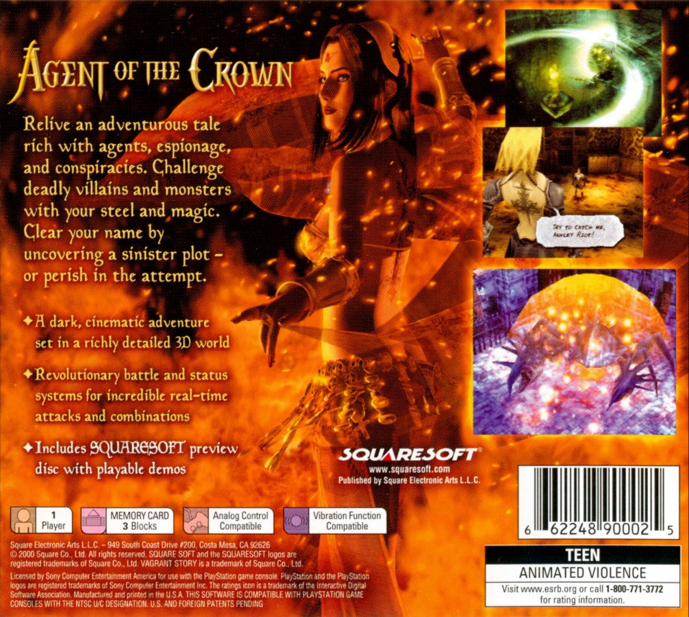 Vagrant Story PlayStation PS1 for action role playing video game fans featuring dark fantasy adventure gameplay real time combat weapon crafting system exploration challenging puzzles mysterious storyline gothic environments character customization classic Square RPG experience collectible gaming appeal back cover