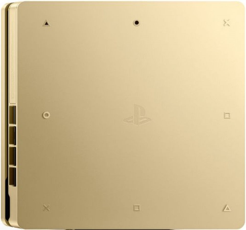 PlayStation 4 PS4 Slim Gold console featuring sleek limited edition gold finish 1TB storage Blu ray gaming HDR support Wi Fi connectivity wireless DualShock 4 controller compatibility immersive gaming and entertainment system collectible gaming appeal