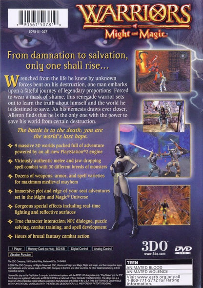 Warriors of Might and Magic – PlayStation 2 (PS2) video game back of case, action role-playing game.