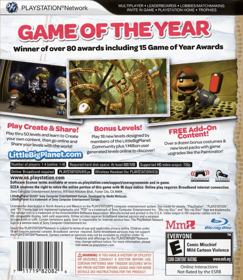 LittleBigPlanet Game of the Year Greatest Hits back cover art for PlayStation 3 (PS3) video game