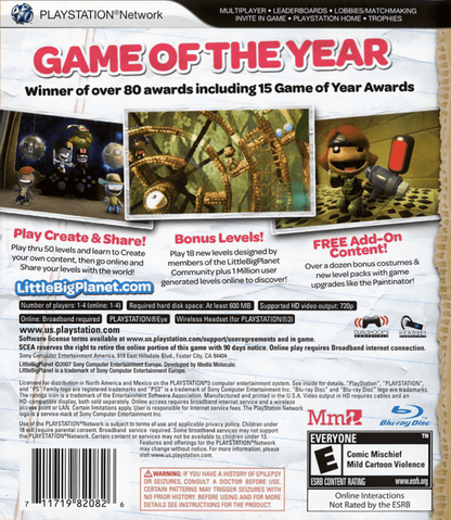 LittleBigPlanet Game of the Year Greatest Hits back cover art for PlayStation 3 (PS3) video game