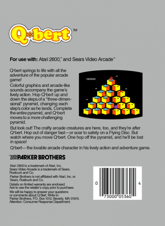 Q*bert back cover art for Atari 2600 (2600) video game