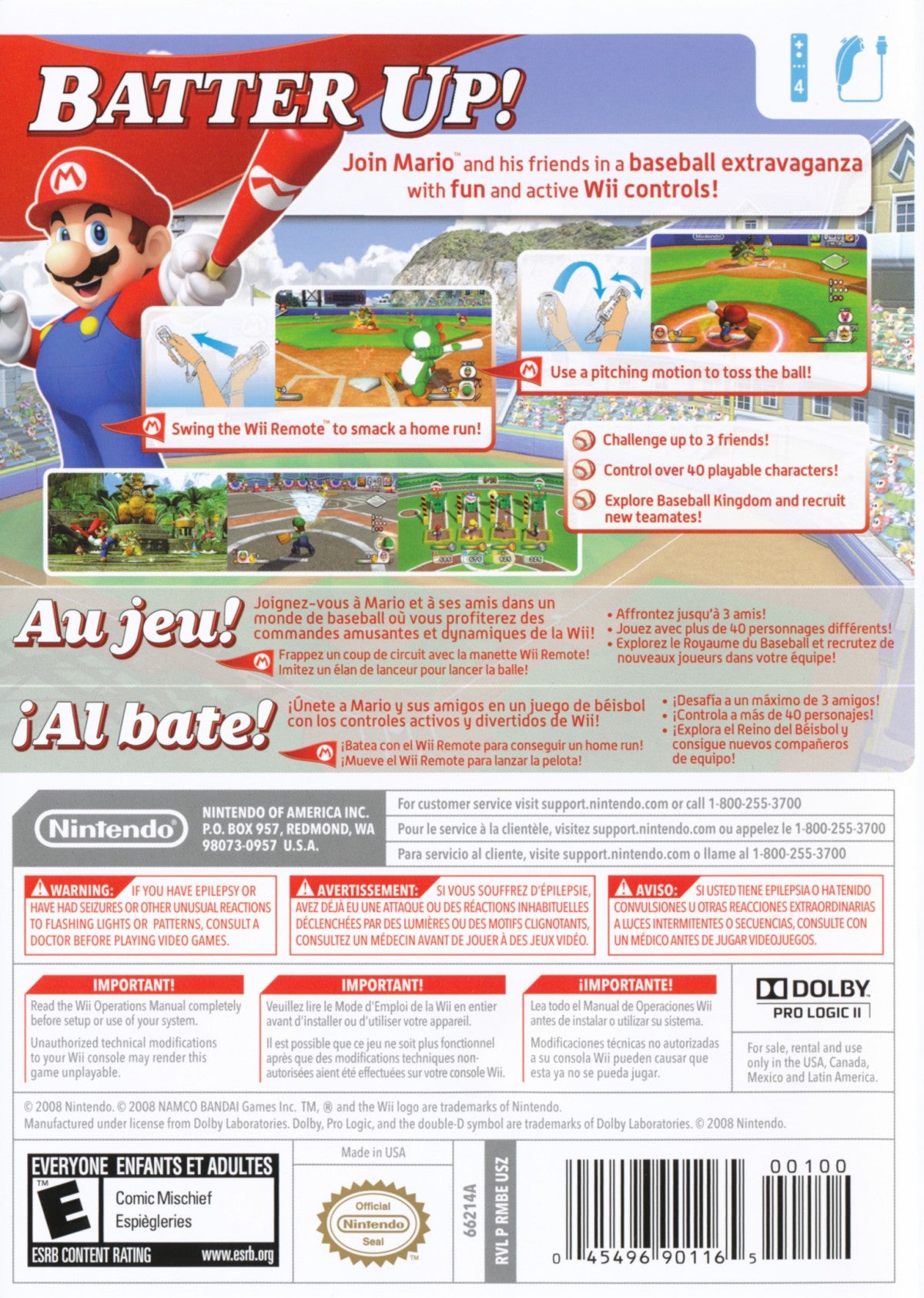 Mario Super Sluggers [Nintendo Selects] – Nintendo Wii (Wii) arcade baseball sports multiplayer video game back of case