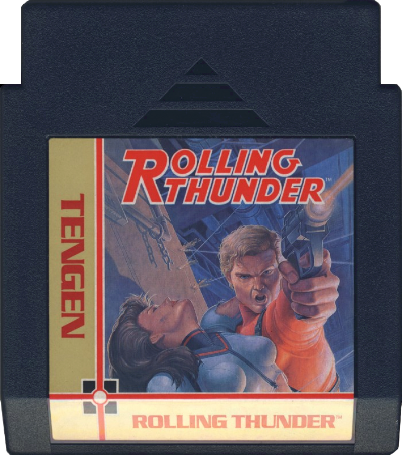 Rolling Thunder Nintendo Entertainment System NES video game featuring side scrolling action shooter gameplay secret agent Albatross enemy combat gun battles hostage rescues enemy base infiltration platforming challenges weapon power ups challenging stages and classic 8 bit Nintendo arcade action retro video game collection collectible gaming appeal game cartridge