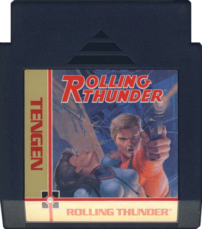 Rolling Thunder Nintendo Entertainment System NES video game featuring side scrolling action shooter gameplay secret agent Albatross enemy combat gun battles hostage rescues enemy base infiltration platforming challenges weapon power ups challenging stages and classic 8 bit Nintendo arcade action retro video game collection collectible gaming appeal game cartridge