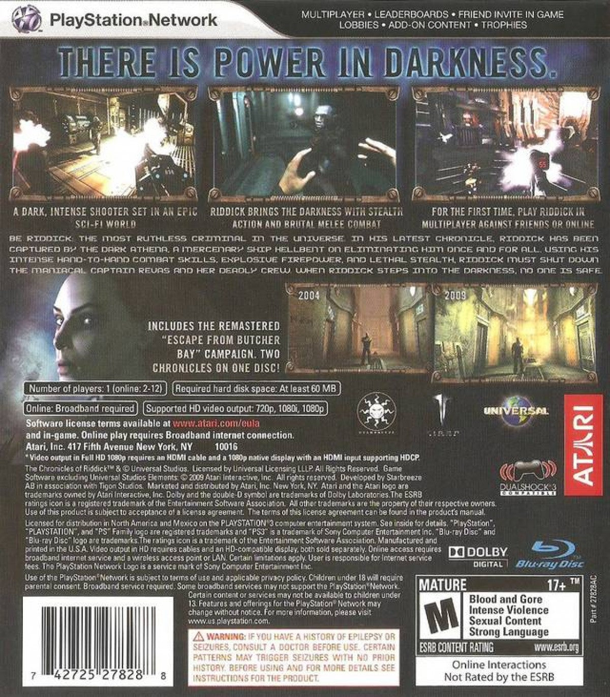 The Chronicles of Riddick Assault on Dark Athena PlayStation 3 first-person shooter stealth action sci-fi video game combining Escape from Butcher Bay remake with new Dark Athena campaign back cover