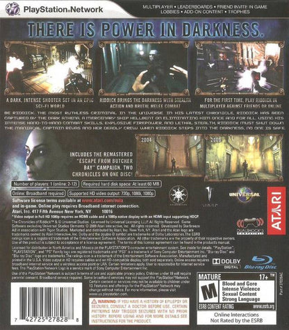 The Chronicles of Riddick Assault on Dark Athena PlayStation 3 first-person shooter stealth action sci-fi video game combining Escape from Butcher Bay remake with new Dark Athena campaign back cover