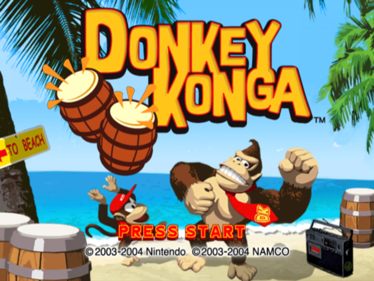 Donkey Konga start screen for GameCube (GC) music rhythm video game