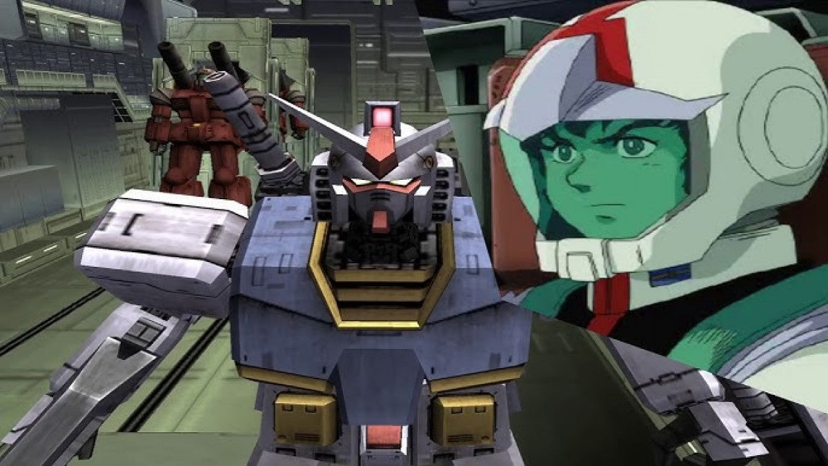 Retro Mobile Suit Gundam Encounters in Space PS2 inspired design featuring anime mech warfare aesthetic vintage PlayStation 2 space combat giant mobile suits Earth Federation versus Zeon battles cinematic sci fi action nostalgic Gundam gameplay presentation gameplay