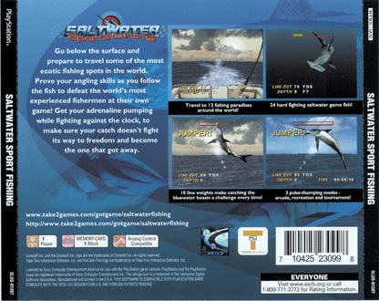 Saltwater Sport Fishing back of case for PlayStation 1 (PS1) fishing simulation video game
