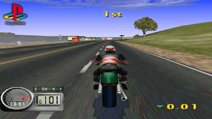 Road Rash 3D PS1 inspired design featuring high speed motorcycle racing combat aesthetic chaotic street races aggressive biker battles open road action arcade style gameplay rebellious attitude nostalgic PlayStation racing presentation gameplay  