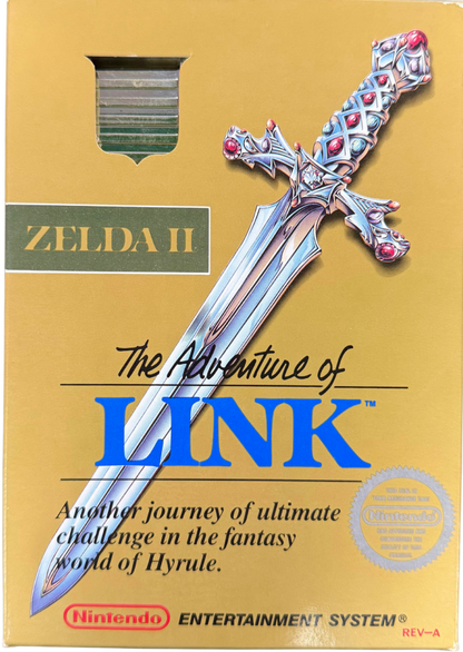 The Legend of Zelda II The Adventure of Link Nintendo Entertainment System NES for retro video game enthusiasts featuring side scrolling action role playing gameplay overworld exploration challenging sword combat magic abilities dungeon exploration classic Nintendo adventure and collectible gaming appeal cover art