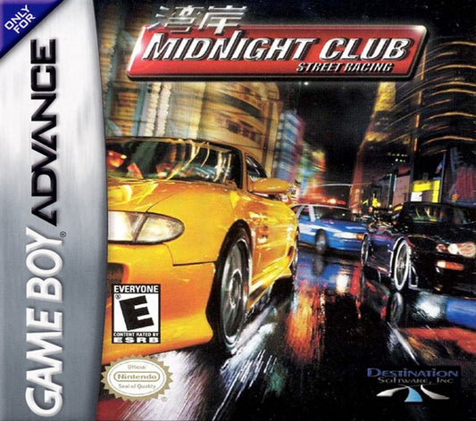 Midnight Club Street Racing Game Boy Advance cover art for retro video game featuring open world street racing gameplay illegal urban racing fast paced arcade driving car customization night city environments and portable handheld racing action on the GBA system